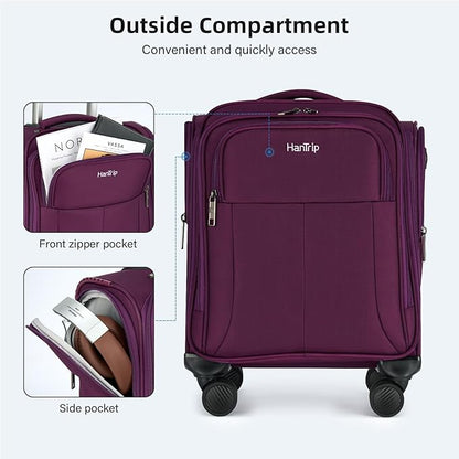 16 Inch Underseat Carry On Luggage with Wheels Softside Small Suitcases Personal Item Bag with Pocket Travel Luggage for Men Women Business Overnight Bag(Purple)