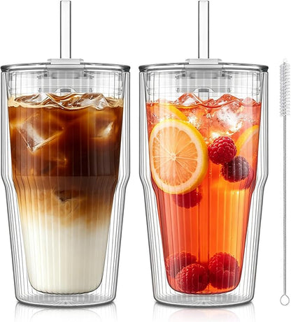 KEMORELA 16oz Ribbed Double Wall Glass Cups