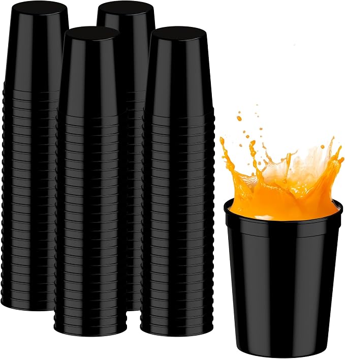 PartyPrints 100 Pack 16 oz Black Reusable Blank Plastic Cups, Stadium Cups Bulk