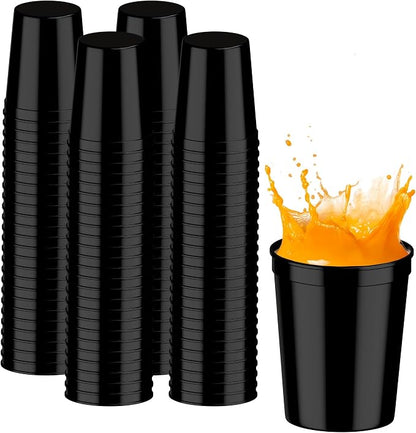 PartyPrints 100 Pack 16 oz Black Reusable Blank Plastic Cups, Stadium Cups Bulk
