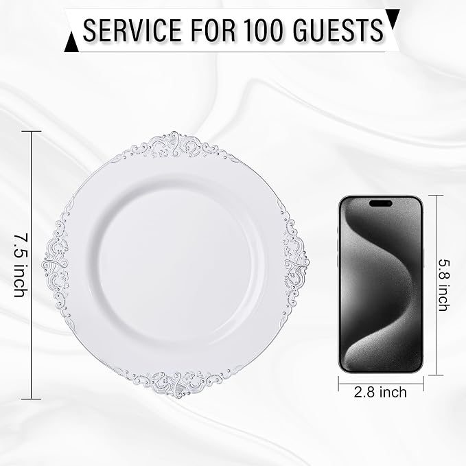 Nervure 100Pcs 7.5'' Silver Plastic Plates, Disposable Plates