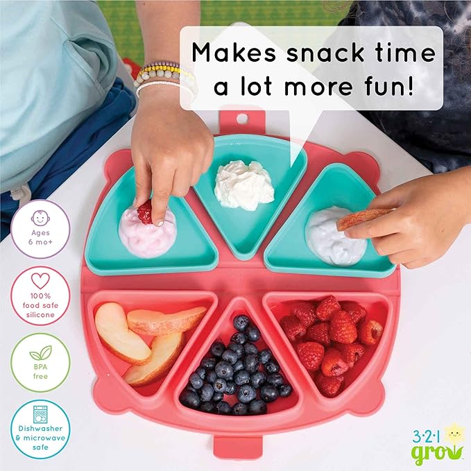 On-The-Go Snack Mat – Baby Silicone Travel Dining Placemat – Portable Silicone Toddler Plate – Reusable Snack Container with 3 Compartments and Lids for 6 Months + (Watermelon)
