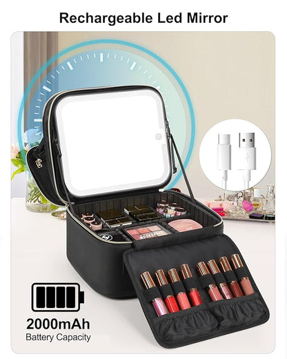 Relavel Makeup Bag with LED Mirror, Small Travel Makeup Case with Rechargeable Lighted Mirror 3 Color Lights, Double Layer Cosmetic Box Makeup Brush Lipstick Holder Organizer for Women, Black