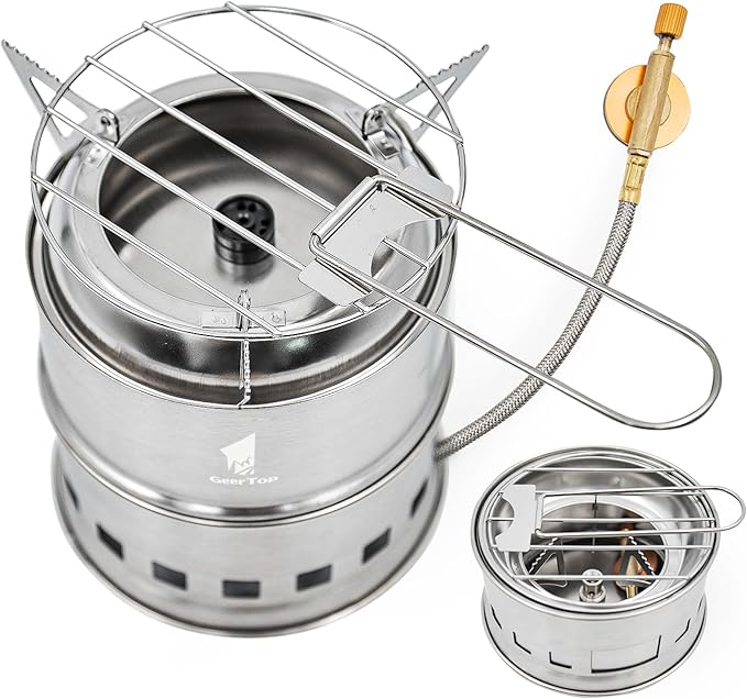 GEERTOP Portable Small Camping Stove with Fuel Canister Adapter Isobutane Ultralight Mini Stainless Steel Wood Burning Backpacking Stove Kit for Outdoor Hiking Emergency Cooking