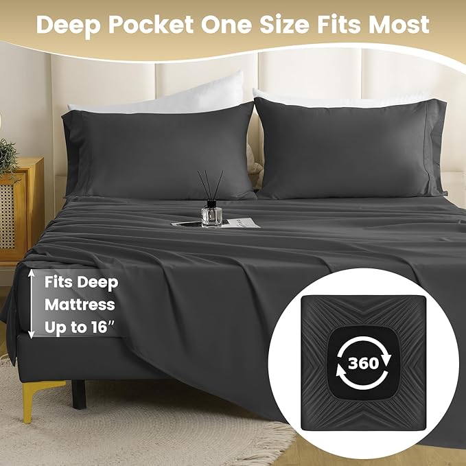 California King Sheet Sets,Hotel Luxury 4 Piece Breathable Cooling Sheet Fits 16" Deep Pocket Mattress, Easy Care Wrinkle Free Bedding Sheet and Pillowcase Bed Sheet Cal King Size,Dark Gray