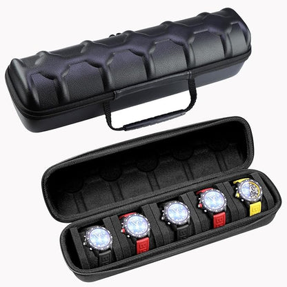 Juntan 5 Slots Hard Watch Travel Case, Portable PU Leather Zipper Storage Organizer Box for Men Women with Soft Compressible Foam Pillow Black
