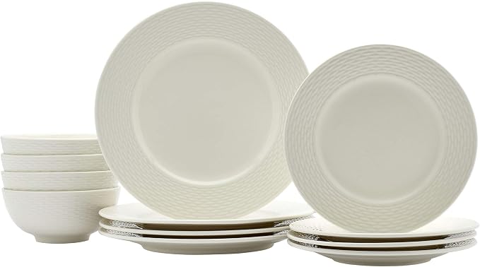 Tabletops Gallery Embossed Bone White Porcelain Round Dinnerware Collection-