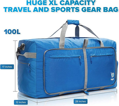 Bago Big XXL Foldable Duffel Bags for Traveling Women & Men - 140L Packable Duffle Bag for Travel with Shoe Compartment - Water Repellant, Heavy Duty, Lightweight Folding & Collapsible (Blue)