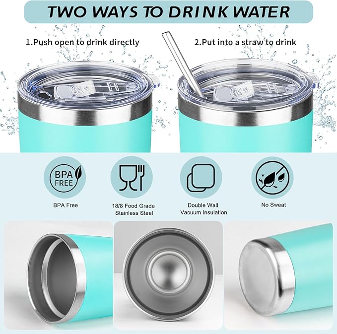 20oz Tumbler with Straw and Brush, Stainless Steel Vacuum Insulated tumbler, Double Wall Insulated Coffee Tumbler for Outdoor, Home, Travel,Office (Light Green,1pcs)