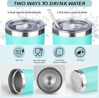 20oz Tumbler with Straw and Brush, Stainless Steel Vacuum Insulated tumbler, Double Wall Insulated Coffee Tumbler for Outdoor, Home, Travel,Office (Light Green,1pcs)
