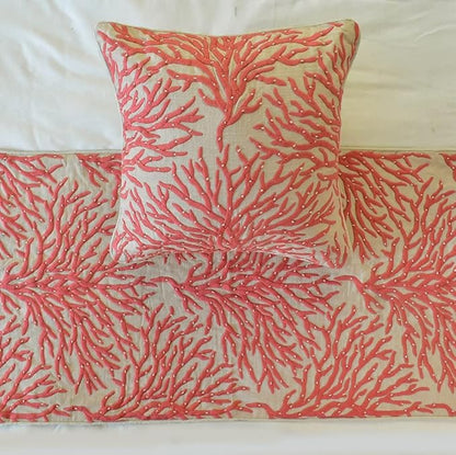The HomeCentric King/Queen/Twin Coral, Peach & Pink Designer King 90"x18" Bed Runner with 2 Pillow Cover, Coral, Pearl Embroidery, Under The Sea & Beach Theme on Linen Fabric - Coraline Pearls