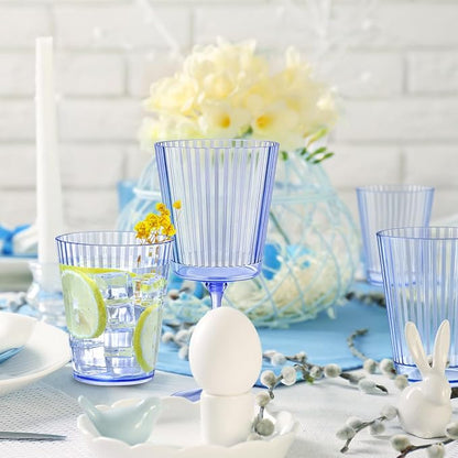 48 PCS Plastic Ribbed Drinking Glasses 10oz Blue Vintage Ripple Stemless Wine