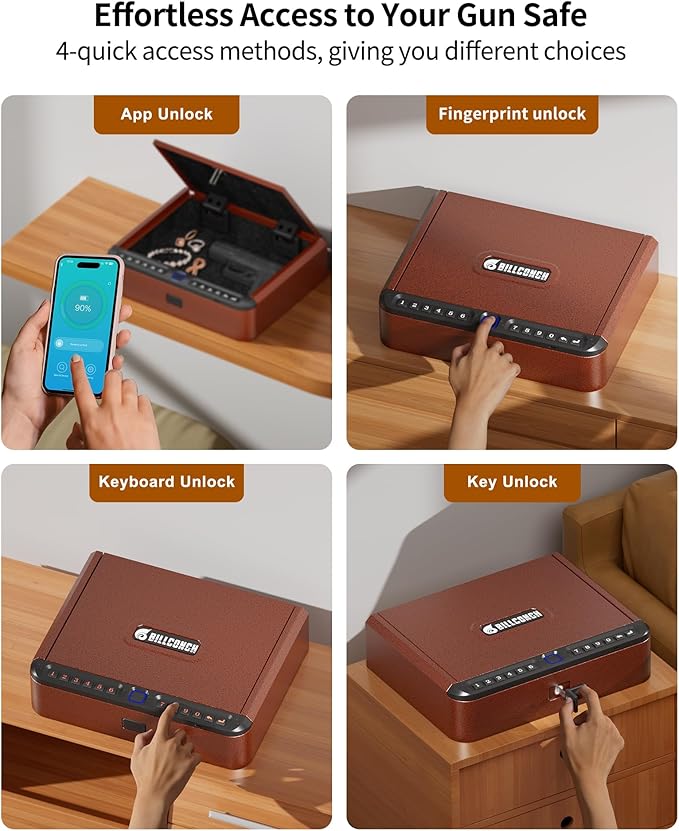 BILLCONCH Gun Safe for Handgun - Biometric Pistol Safe 4 Ways Quick Access with Fingerprint/Full-digital Keypad/Key/APP Lock and Security Cable for Nightstand Bedside Home - Antique Bronze