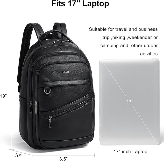 43L Backpack for Women Men - Vegan Leather Backpack Purse Travel Carry-on Bag College Bookbag Work fits 17" Laptop, Black