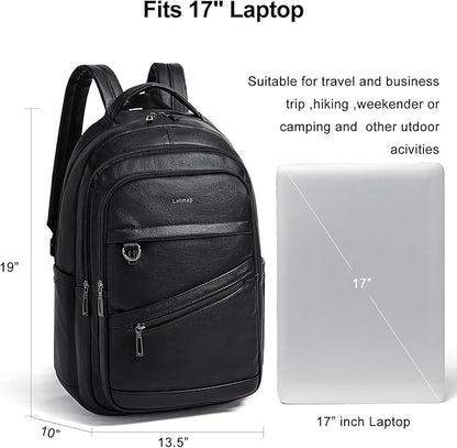 43L Backpack for Women Men - Vegan Leather Backpack Purse Travel Carry-on Bag College Bookbag Work fits 17" Laptop, Black