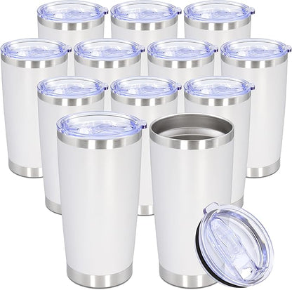 20oz Tumbler Bulk Stainless Steel Tumbler Cup with Lid Vacuum Insulated Double Wall Travel Mug, Durable Powder Coated Travel Coffee Tumbler Mug for Hot & Cold Drinks, White,12 Pack