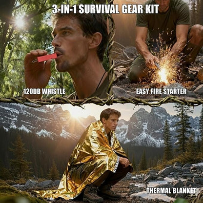Professional 3-in-1 Survival Kit: Emergency Blanket, 120dB Whistle & All-Weather Fire Starter | Ultimate Safety Gear for Camping, Hiking, Car Emergencies & Storms (3-in-1 3pcs)