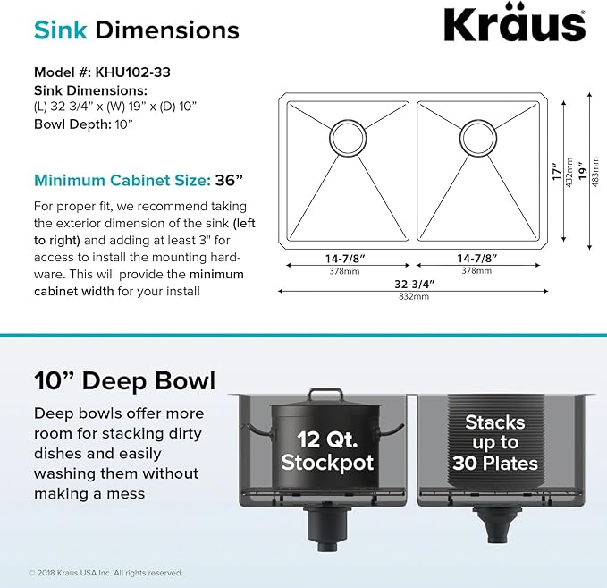 KRAUS Standart Pro 33 -inch Undermount 50/50 Double Bowl 16 Gauge Stainless Steel Kitchen Sink, KHU102-33