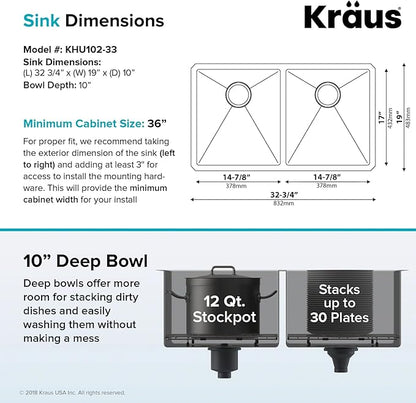 KRAUS Standart Pro 33 -inch Undermount 50/50 Double Bowl 16 Gauge Stainless Steel Kitchen Sink, KHU102-33