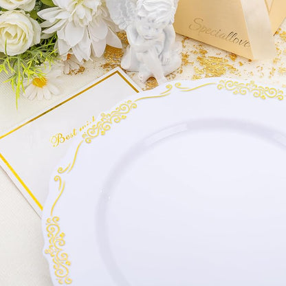 DaYammi 60PCS White and Gold Plastic Plates