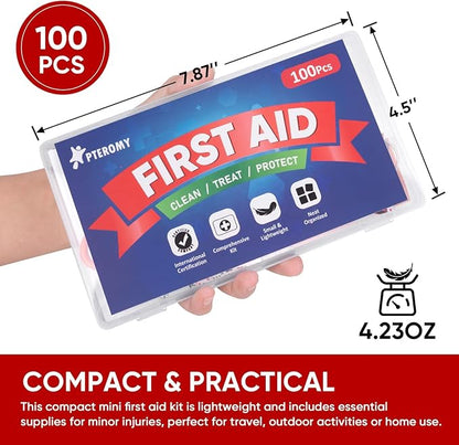 PTEROMY 100 Piece Mini First Aid Kit, Portable Small Emergency Kits Compact 1st Aid Kit for Car, Travel, Home, Camping, Outdoor, Hiking