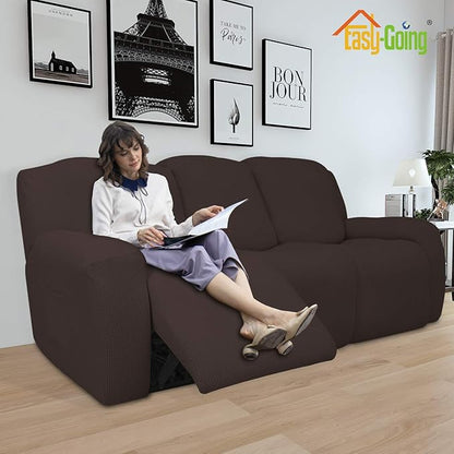 Easy-Going 8 Pieces Recliner Sofa Stretch Sofa Slipcover Sofa Cover Furniture Protector Couch Soft with Elastic Bottom Kids, Spandex Jacquard Fabric Small Checks Chocolate