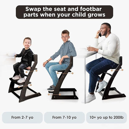 FORNEL Modern Black Wooden High Chair | The Adjustable Grow-with-Me Chair, A Sleek Alternative to Stokke | Perfect for Minimalist & Industrial Kitchens