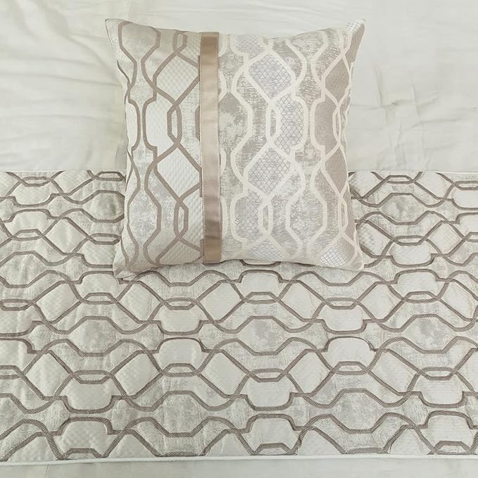 The HomeCentric King/Queen/Twin Ivory & Silver Decorative Full 68"x18" Bed Runner with Pillow Cover, Lattice & Quilted Bed Scarf on Jacquard Silk Fabric - Ivory Delicacy