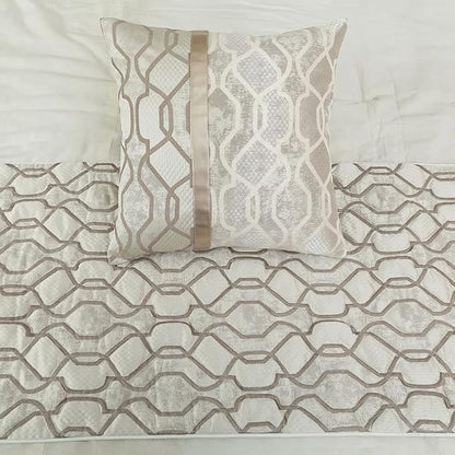 The HomeCentric King/Queen/Twin Ivory & Silver Decorative Full 68"x18" Bed Runner with Pillow Cover, Lattice & Quilted Bed Scarf on Jacquard Silk Fabric - Ivory Delicacy