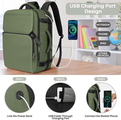 Travel Backpack Carry On Flight Approved, Lightweight Large Travel Backpack, Expandable with USB Charging Hole, Waterproof Causal Bookbag for Travel Work College Fits 17 inch Laptop, Green