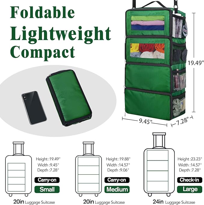 Hanging Travel Organizer, Carry on Luggage Suitcase Organizer, Travel Essentials Portable Travel Shelves Packing Cube for Travel Cruise Small,Green