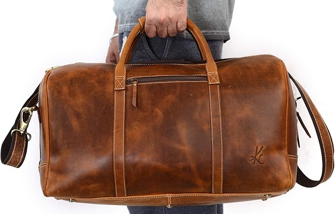 KomalC Leather Duffel Bags for Men and Women Full Grain Leather Travel Overnight Weekend Leather Bags Sports Gym Duffel for Men (Tan, 20 Inch)