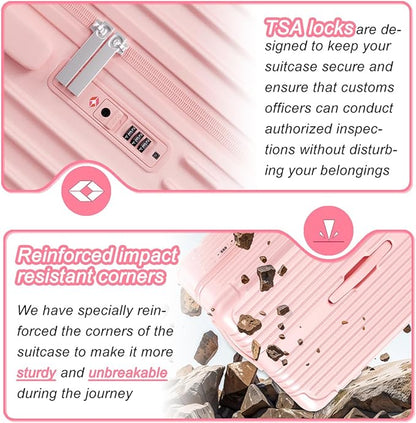 Krute Carry on Luggage 20 Inch USB Suitcases with Spinner Double Wheels Cup Holder PC+ABS Hardside Luggage with TSA Lock (Pink)