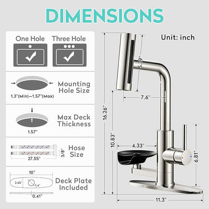 Waterfall Kitchen Faucet with Pull Down Sprayer & Glass Rinser | 4 Adjustable