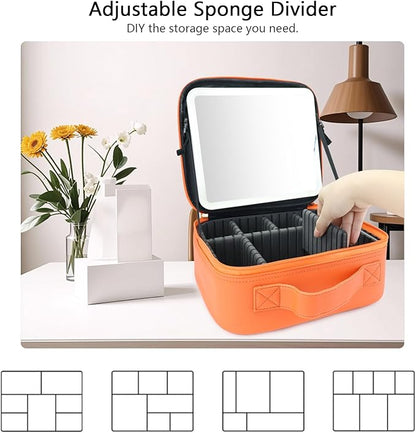 Travel Makeup Bag with LED Mirror Travel Makeup Organizer with 3 Lighted Settings, Adjustable Dividers and Makeup Brush Storage Bag Orange