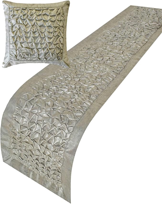 HomeCentric Silver Decorative Bed Runner - King 86"x18" with Pillow Cover, Foil, Knotted, Textured Bed Scarf on Jacquard Fabric - Polished Silver