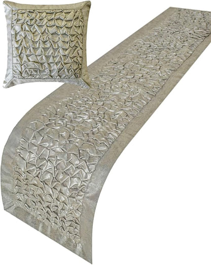 HomeCentric Silver Decorative Bed Runner - King 86"x18" with Pillow Cover, Foil, Knotted, Textured Bed Scarf on Jacquard Fabric - Polished Silver