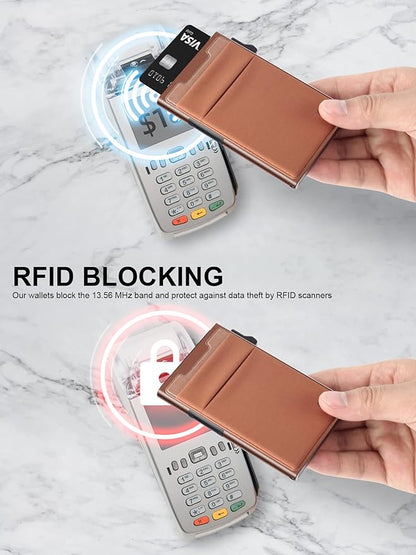 Slim Wallet for Men and Women,Pop Up Credit Card Wallet Metal Minimalist Cards Holder with Money Pocket,Small Ultralight Aluminum RFID Blocking Wallets 6-12 Card Capacity,Brown