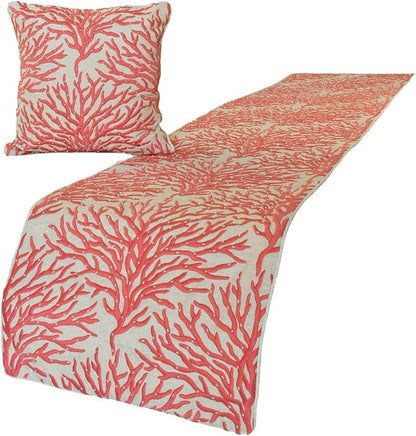 The HomeCentric King/Queen/Twin Coral, Peach & Pink Designer King 90"x18" Bed Runner with 2 Pillow Cover, Coral, Pearl Embroidery, Under The Sea & Beach Theme on Linen Fabric - Coraline Pearls