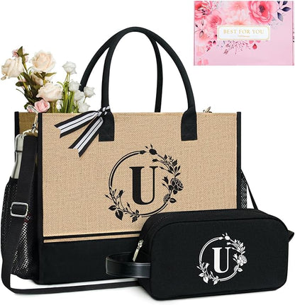 TOPDesign Personalized Initial Canvas Tote Bag, for Wedding, Birthday, Beach, Perfect Gifts for Women, Mom, Teachers, Friends