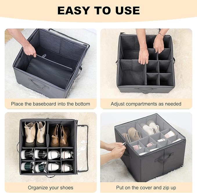 Shoe Organizer for Closet, Foldable Shoe Storage Bins with Clear Cover, Large Shoe Box Storage Container with Adjustabele Dividers, Fits up to 16 Pairs, Gray
