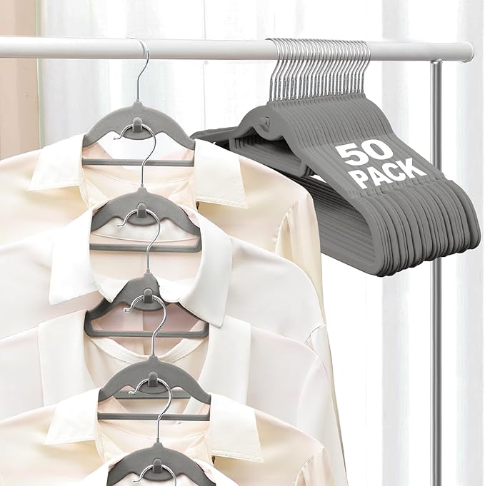 Velvet Felt Stackable Hangers 50 Pack, Non Slip, with 360° Swivel Hook, Ultra Thin and Space Saving for Suits, Shirts, Coats, 15Lbs Capacity Heavy Duty, Gray