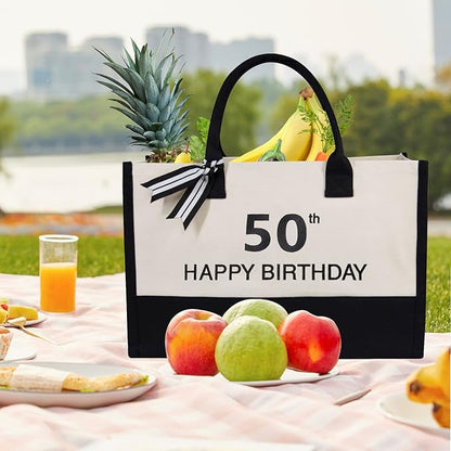 TOPDesign Embroidery Canvas Tote Bag for Women, 50th Birthday Gifts for Her, Wife, Mom, Sister, Daughter, Aunt, Best Friend, Coworker, Turning 50 Years Old Present, Personalized Bag for Beach, Holiday