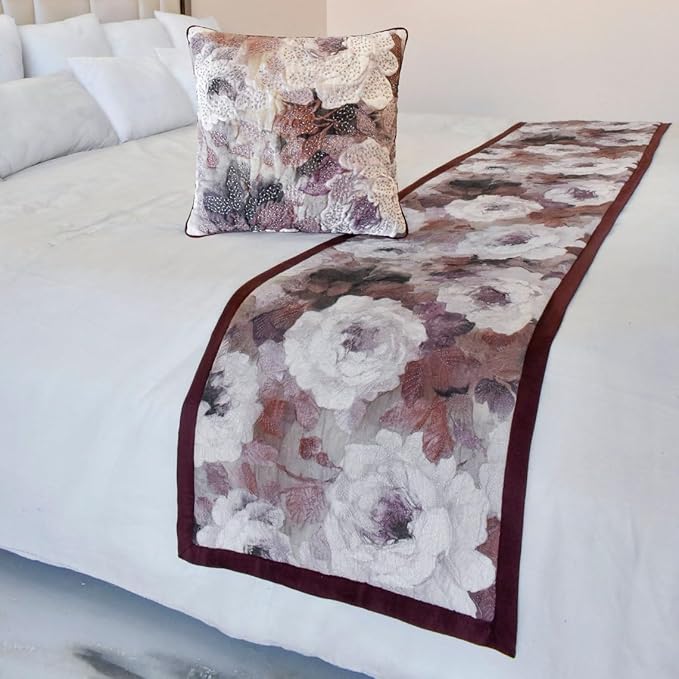 The HomeCentric King/Queen/Twin Purple Decorative Twin 53"x18" Bed Runner Without Pillow Cover, Floral, Roses, Bead Embroidery & Handmade Bed Scarf on Jacquard Fabric - Wood Rose