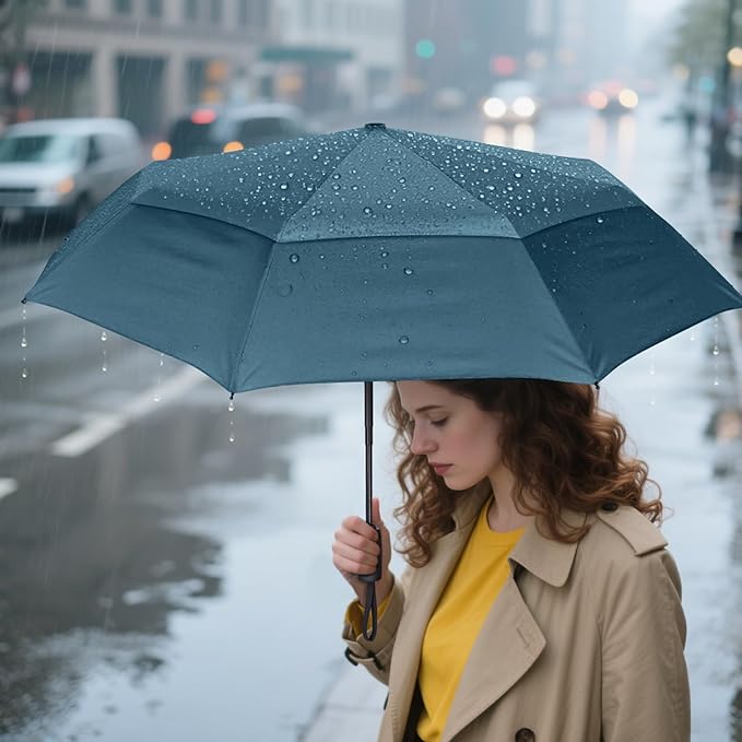 PTEROMY Windproof Compact Travel Umbrellas for Rain and Sun, Withstands 85MPH Winds Auto Open Close Folding Umbrella with Ergonomic Handle, Quick Dry Canopy for Commuting or Backpack