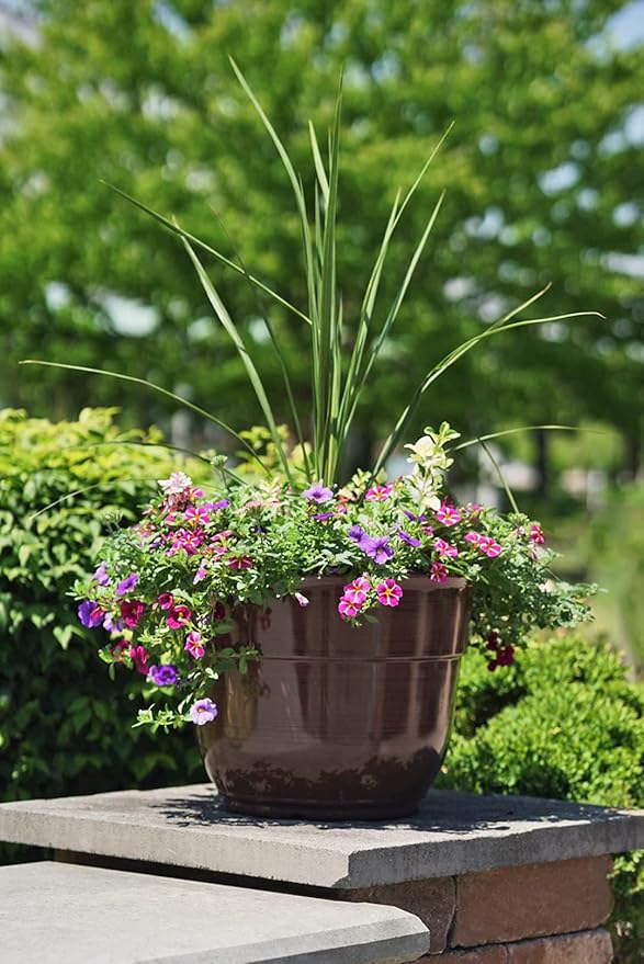Garden Elements Indoor/Outdoor Glazed Brushed Happy Plastic Planter, Dark Brown