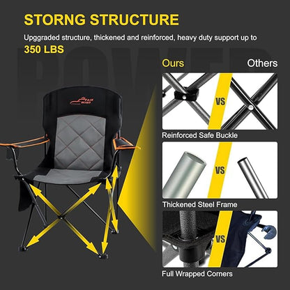 FAIR WIND Oversized Fully Padded Camping Chair, Heavy Duty Quad Fold Chair Arm Chair Support 350 LBS with Cup Holder, Collapsible Lumbar Back Chair Portable for Outdoor, Black