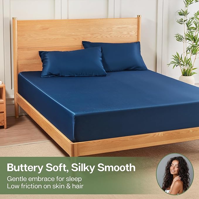 MR&HM Twin Fitted Sheet Only, Ultra-Soft Rayon Derived from Bamboo & Polyester Blend, Silky & Breathable, 15" Deep Pocket with Elastic Straps, Cooling Fitted Sheet for Hot Sleepers, Navy Blue