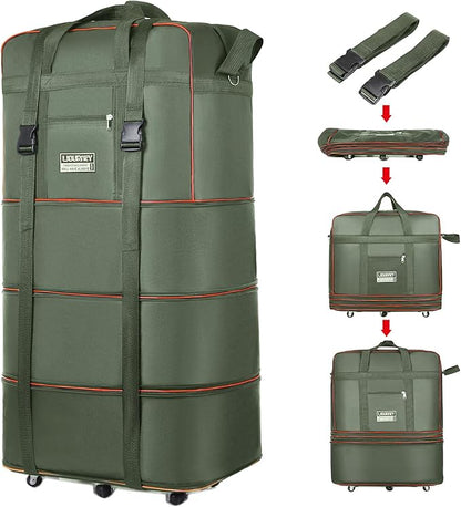 Expandable Large Capacity Travel Bag Oxford Cloth Duffel Bag with Wheels Lightweight Waterproof Travel Foldable Suitcase(ArmyGreen)
