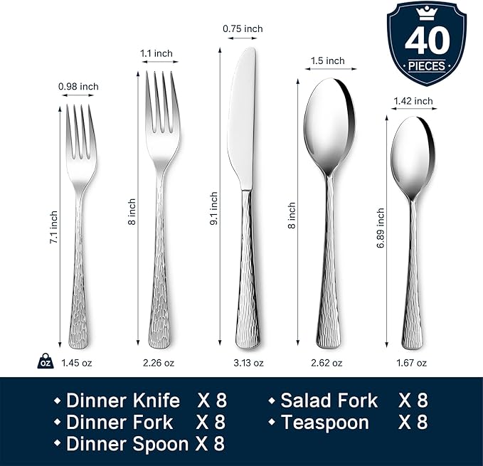 KINGSTONE Hammered Silverware Set, Flatware Set, 18/10 Stainless Steel Premium Cutlery with Unique Ripple Handles Design Mirror Polished - Dishwasher Safe (40-Piece)
